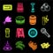 Pub, interior and equipment neon icons in set collection for design. Alcohol and food vector symbol stock web