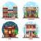 Pub and supermarket, pizzeria and cafe buildings. Business shop\'s facade on street with menu and lights.