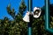 Public address bullhorn outdoor speakers on a green