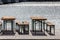 public beer garden old vintage chairs and seat benches, tables a