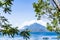 Public boat cruises on Lake Atitlan with 2 volcanoes behind, Guatemala