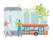 Public city transport app vector illustration, flat cartoon tiny couple people using smartphone with city map for