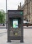 Public emergency defibrillator and information point in city square in Leeds
