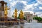 Public fountain of friendship of the people view at VDNH city park exhibition, blue sky and clouds in Moscow, Russia