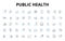 Public health linear icons set. Epidemiology, Outbreaks, Vaccinations, Prevention, Healthcare, Pandemic, Disinfectant