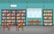 Public Library Interior Stack of Book on Bookshelf Flat Design