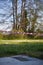 Public park behind a red and white striped tape