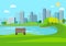 Public park nature landscape with city background.Nature scene with bench in city.Lake in town.Urban with spring meadow