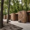 Public restroom with modern design located in a forested area in a natural environment.