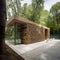 Public restroom with modern design located in a forested area in a natural environment.