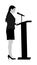 Public speaker standing on podium vector illustration isolated on white. Politician woman opening meeting ceremony event.