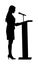 Public speaker standing on podium vector silhouette illustration isolated on white. Politician woman opening meeting