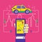 Public taxi call mobile application in trendy cartoon line style