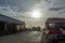 Public transport in Philippines - red jeepney on the street of Bantayan