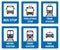 Public transport stops: bus, tram, metro, train, taxi, trolleybus. Set of passenger transport vector icons. Blue signs for public