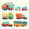 Public and urban passenger transport vector cartoon vehicle cars colorful isolated icons set