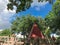 Public wooden castle style children playground in Coppell, Texas