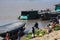 pucallpa peru, ucayali river with boats transporting banana fruits and workers