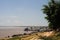 pucallpa peru, ucayali river with boats transporting bananas