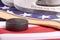 Puck, skates and hockey stick of the American flag