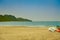 PUCON, CHILE - SEPTEMBER, 23, 2018: Outdoor gorgeous view of some boats down in the yellow sand and blue water in the