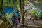 PUCON, CHILE - SEPTEMBER, 23, 2018: Outdoor view of unidentified people walking close to the waterfalls at Pucon, Chile