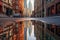 puddle distorting reflection of city buildings