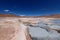 The puddles of boiling mud of the Sol de MaÃ±ana Geysers. Snow-capped volcanoes and desert landscapes in the highlands of Bolivia