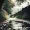 Puddles fill an empty country lane, as rain creates ripples in the water