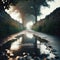 Puddles fill an empty country lane, as rain creates ripples in the water