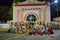 Puebla, Mexico - November 1st, 2019:group of dancers of tecuanes gathered at the entrance of the pantheon of acatlan after the