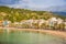 Puerto de Soller, Port of Mallorca island in balearic islands, Spain. Beautiful  beach and bay with boats in clear blue water of