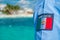 Puerto Morelos, Mexico - January 10, 2018: Close up of mexican shield printed in a t-shirt in Puerto Morelos