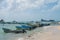 Puerto Morelos seaside view with sea and boats. Caribbean sky with clouds. White sand shore. Background or wallpaper. Yucatan. Qui