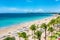 Puerto Rico beach travel vacation landscape background. Isla Verde resort in San Juan, famous tourist cruise ship destination in