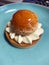 puff, cream on the tart, small dessert, shiny glazed puff, small dessert from the manufactory, cake with cream