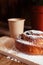 Puff pastry cakes curl with powdered sugar on top. A close-up of a bakery product. Confectionery work and customer service. A