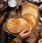 Puff pastry round layers of homemade traditional Russian napoleon cake