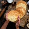 Puff pastry round layers of homemade traditional Russian napoleon cake