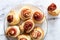 Puff pastry swirls. Close-up of puff pastry with prosciutto.