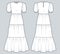 Puff Sleeve Maxi Dress technical fashion illustration. Tiered Dress fashion flat technical drawing template