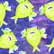 Pufferfish hand painted watercolor illustration, seamless pattern on blue, purple ocean surface with waves background