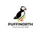 Puffin bird is sitting on grass and rock, logo design. Animal, wildlife, nature, atlantic puffin and puffin colony, vector design