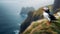 Puffin on the cliff. Atlantic ocean background. Iceland. Generative AI