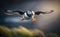 Puffin flying with wide open wings, blurred ocean background in morning, generative AI