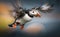 Puffin flying with wide open wings, blurred ocean and grass background in morning, generative AI