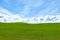 Puffy white clouds and blue sky over a huge beautiful idyllic vibrant green grassy field with gently rolling hills in the backgrou