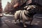 Pug in city. Cute wrinkled dog on walk along city street. Generative AI.