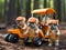 Pug construction crew operating miniature vehicles
