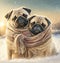 Pug couple taking a romantic stroll on a frozen lake, holding each other close.